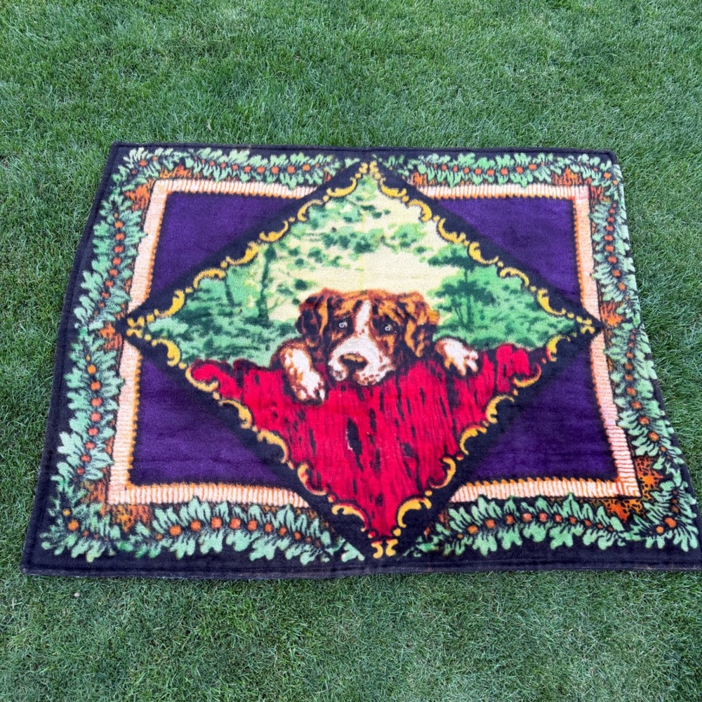 A- Vintage Chase Plush Mohair Blend Blanket Saint Bernard Dog Purple Green 60x52